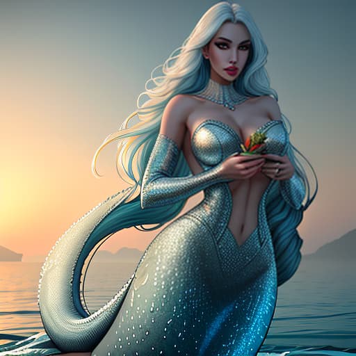  The mermaid is holding a salad at full length., realistic, conventional, literal hyperrealistic, full body, detailed clothing, highly detailed, cinematic lighting, stunningly beautiful, intricate, sharp focus, f/1. 8, 85mm, (centered image composition), (professionally color graded), ((bright soft diffused light)), volumetric fog, trending on instagram, trending on tumblr, HDR 4K, 8K