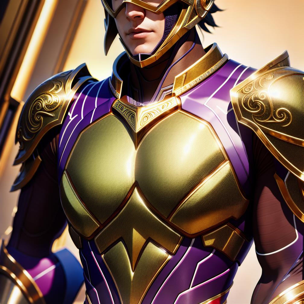  (high quality,4k,masterpiece:1.2),ultra-detailed,photorealistic,HDR,UHD,studio lighting,physically-based rendering,proportions and anatomy,shiny armor,painted textures,golden intricate details,purple