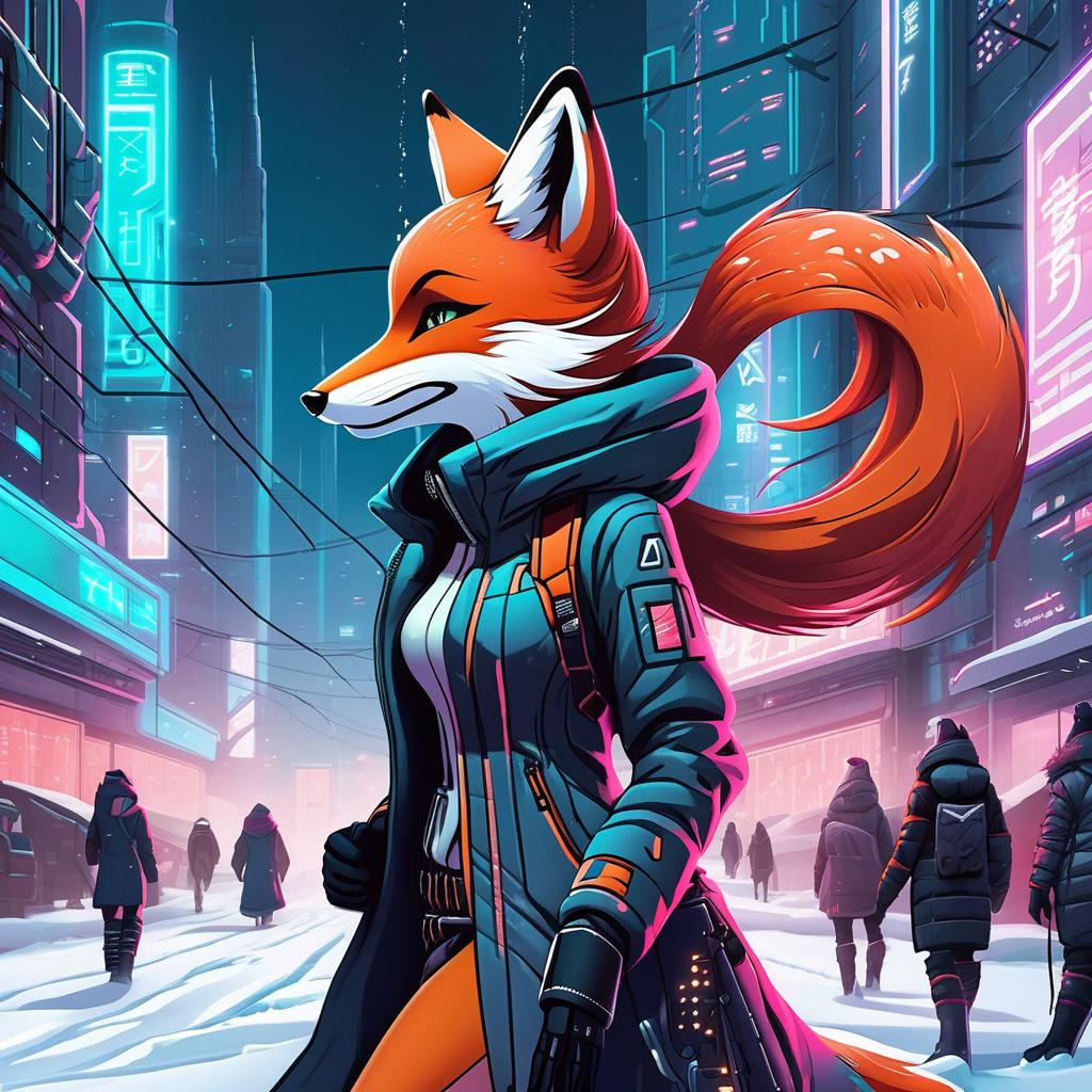  a fox girl in cyberpunk with long claws walks through a futuristic city in winter
