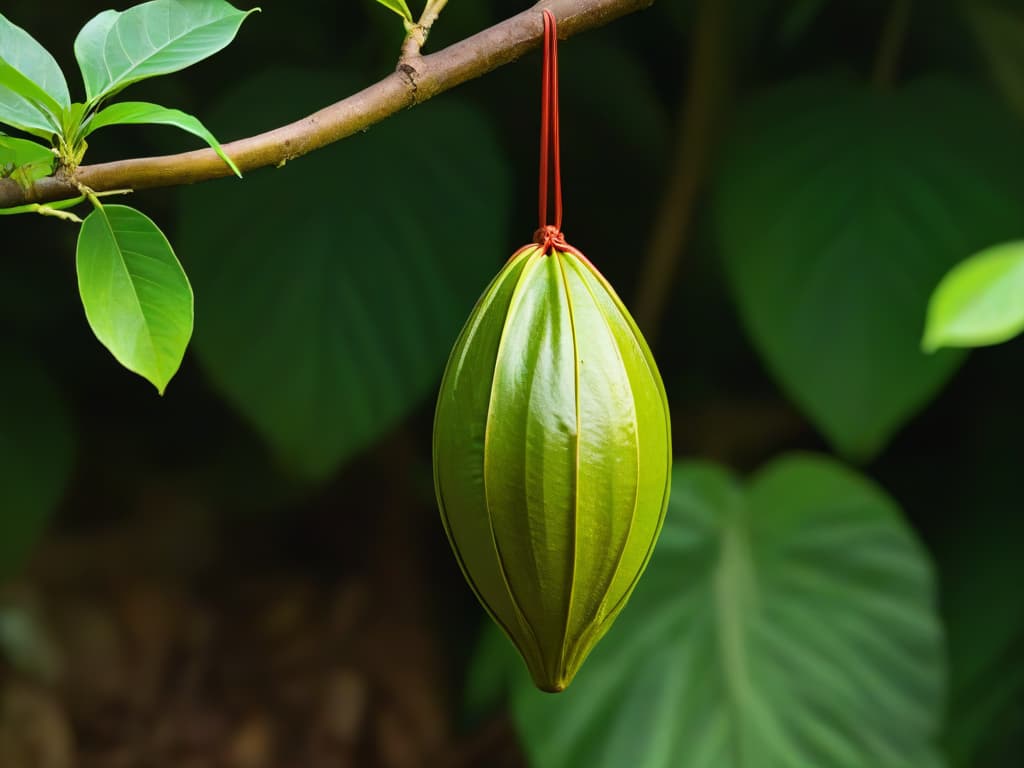  A closeup, ultradetailed image of a single, perfectly ripe cacao pod hanging from a tree branch. The vibrant green leaves around it provide a stark contrast to the pod's deep brown color, showcasing the natural beauty and origin of this essential ingredient in sustainable baking. The intricate textures of the pod's surface are so detailed that each bump and ridge is clearly visible, evoking a sense of connection to the earth and the meticulous process behind sustainable pastrymaking. hyperrealistic, full body, detailed clothing, highly detailed, cinematic lighting, stunningly beautiful, intricate, sharp focus, f/1. 8, 85mm, (centered image composition), (professionally color graded), ((bright soft diffused light)), volumetric fog, trending on instagram, trending on tumblr, HDR 4K, 8K