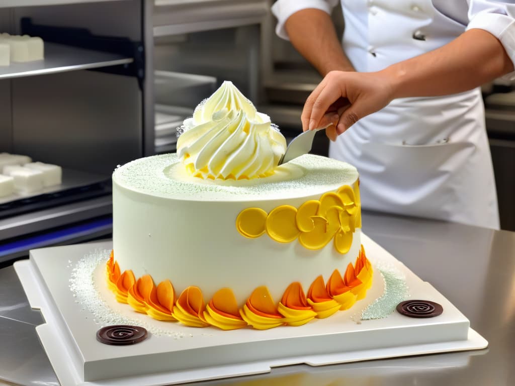  A photorealistic image showcasing a professional pastry chef using a 3D printer to create intricate and detailed sugar decorations for a beautifully designed cake. The chef is focused and precise, surrounded by a modern kitchen filled with hightech baking equipment. The 3D printer is in action, delicately extruding colorful sugar patterns onto a cake layer, while the chef looks on with a satisfied expression, highlighting the perfect blend of technology and artistry in the world of pastry making. hyperrealistic, full body, detailed clothing, highly detailed, cinematic lighting, stunningly beautiful, intricate, sharp focus, f/1. 8, 85mm, (centered image composition), (professionally color graded), ((bright soft diffused light)), volumetric fog, trending on instagram, trending on tumblr, HDR 4K, 8K