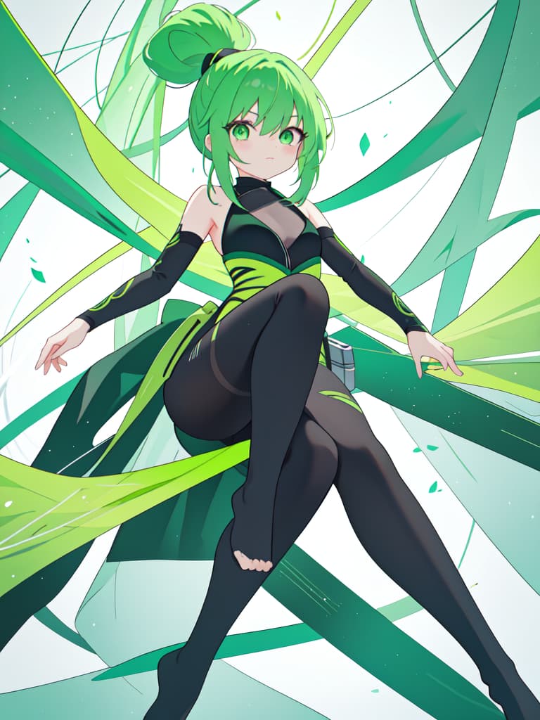  Green hair character's whole body net tights ninja, masterpiece, best quality,8k,ultra detailed,high resolution,an extremely delicate and beautiful,hyper detail