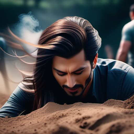  A woman burying a man in her hair. Ultra hd hyperrealistic, full body, detailed clothing, highly detailed, cinematic lighting, stunningly beautiful, intricate, sharp focus, f/1. 8, 85mm, (centered image composition), (professionally color graded), ((bright soft diffused light)), volumetric fog, trending on instagram, trending on tumblr, HDR 4K, 8K