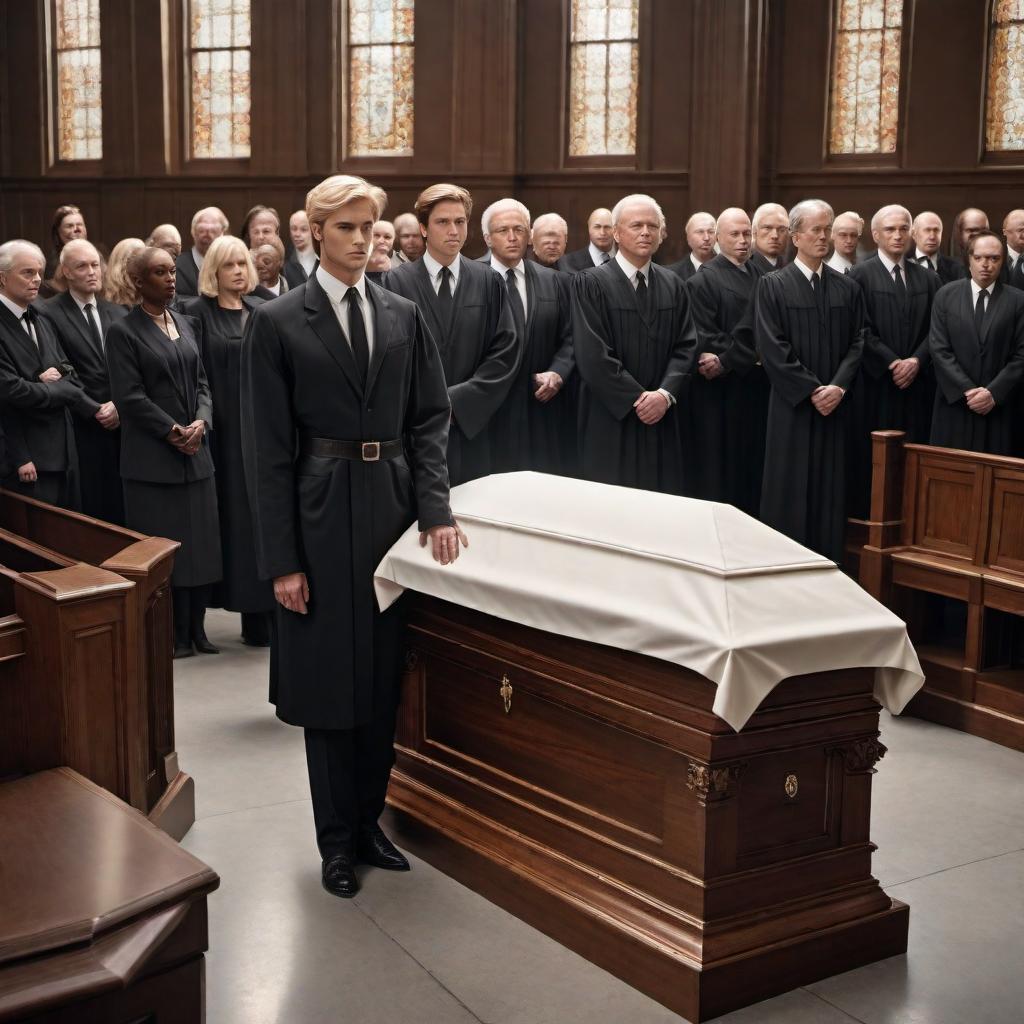  Take the image of a courtroom scene on one side with twelve jurors and on the other, a funeral scene with a coffin being carried by six pallbearers. In this image, change the hair color of all the characters to blonde. The scenes are separated by a scale of justice, signifying the balance between judgement and death. The scene conveys the message of preferring to face trial than to be passive and risk death. hyperrealistic, full body, detailed clothing, highly detailed, cinematic lighting, stunningly beautiful, intricate, sharp focus, f/1. 8, 85mm, (centered image composition), (professionally color graded), ((bright soft diffused light)), volumetric fog, trending on instagram, trending on tumblr, HDR 4K, 8K