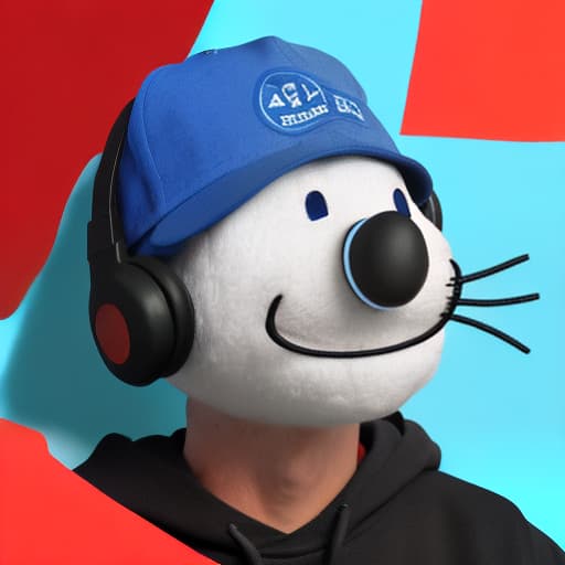 redshift style 2d blue face smiling with its mouth shut with a black cap with red writing on it saying “AOTP” it doesnt have a nose and is wearing a pair of headphones over its cap.