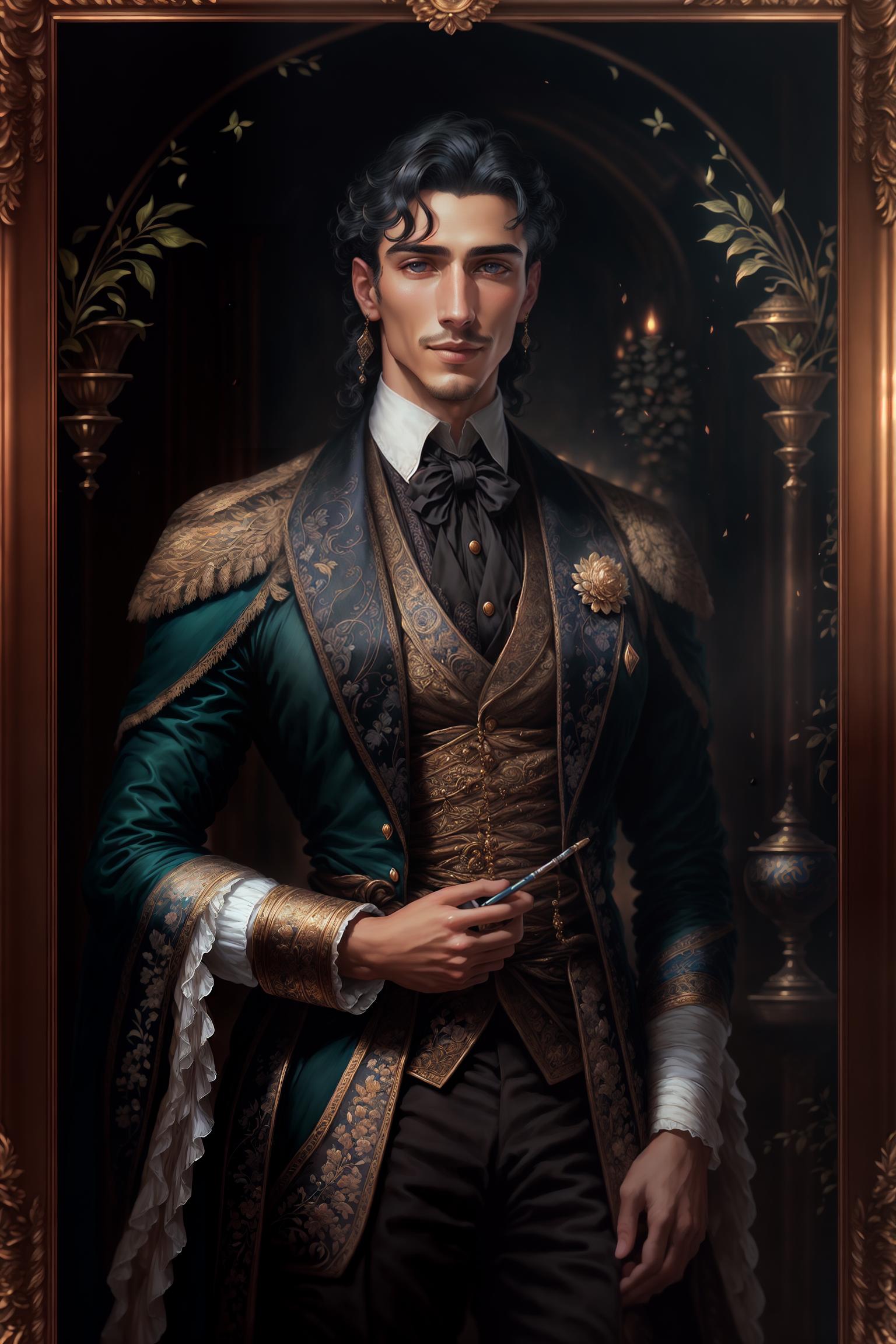  Dorian, (eternal youth:1.2), (appears young, handsome, and full of vitality), (thick hair), (bright eyes), (flawless complexion), (elegant noble:1.0), (as a character in a portrait), (bestows an aristocratic or artistic demeanor), (wearing vintage and gorgeous attire), (holding a paintbrush), (mysterious smile:1.0), (displaying a mysterious and slightly seductive smile), (increasing his allure to draw viewers into the painting and absorb life force), (artwork frame:1.2), (Dorian is trapped within a portrait), (main background is the exquisite and ancient art style frame), (classic painting background:1.0), (referencing classic oil painting styles), (tranquil fields), (castle gardens), (luxurious banquet halls), (symbol of passing time:0.8), hyperrealistic, full body, detailed clothing, highly detailed, cinematic lighting, stunningly beautiful, intricate, sharp focus, f/1. 8, 85mm, (centered image composition), (professionally color graded), ((bright soft diffused light)), volumetric fog, trending on instagram, trending on tumblr, HDR 4K, 8K