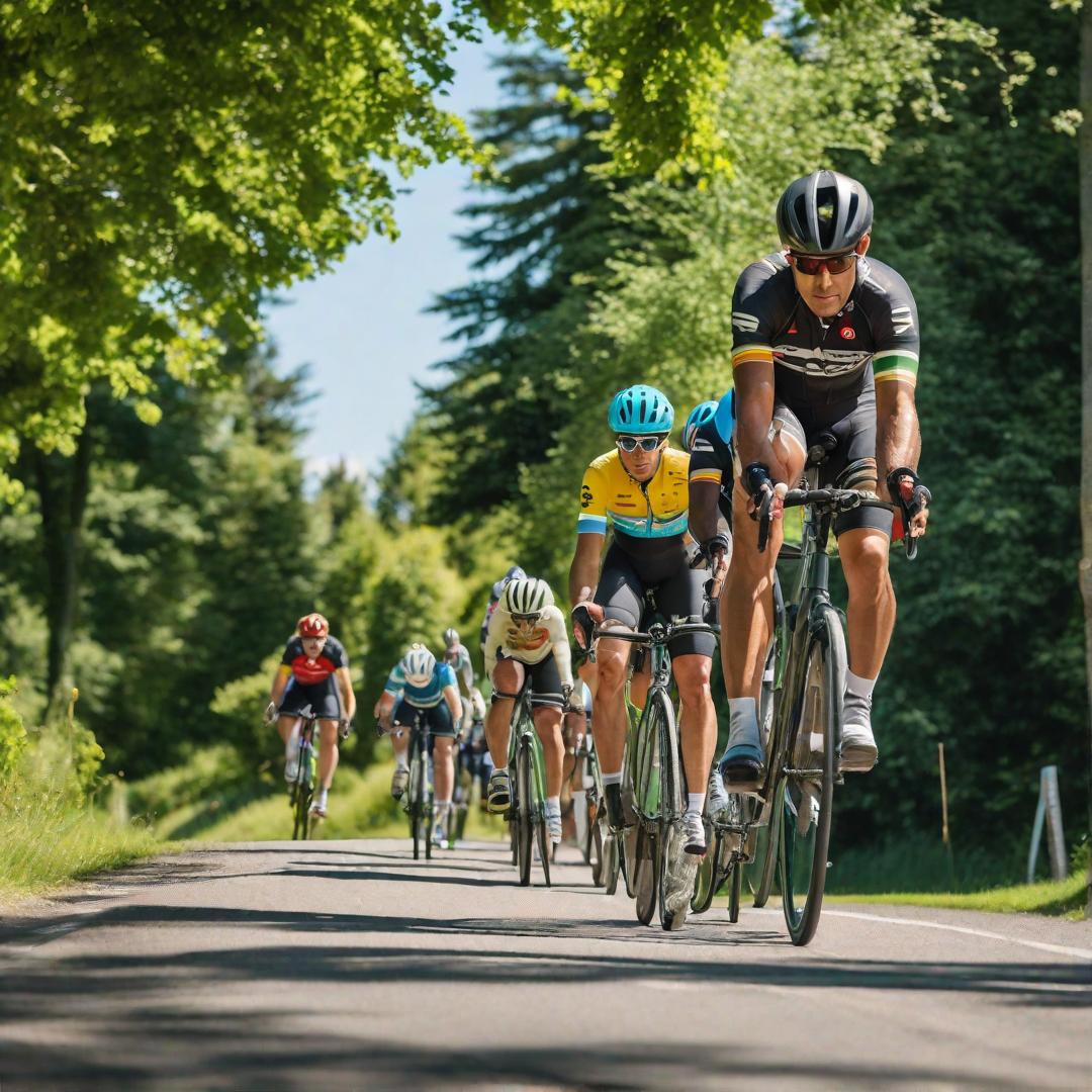  A group of cyclists, tightly packed and racing, with the lush green countryside in the background and a clear blue sky overhead. real, 8k, 35mm, bike, stock photo hyperrealistic, full body, detailed clothing, highly detailed, cinematic lighting, stunningly beautiful, intricate, sharp focus, f/1. 8, 85mm, (centered image composition), (professionally color graded), ((bright soft diffused light)), volumetric fog, trending on instagram, trending on tumblr, HDR 4K, 8K