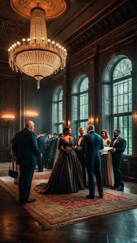  (A dimly lit, opulent ballroom in a Florida estate at night. A crowd of well dressed guests, some visibly upset, surrounds an elderly man in a suit being served legal documents by two stern looking agents. The man appears unbothered, continuing to mingle with the other attendees.) hyperrealistic, full body, detailed clothing, highly detailed, cinematic lighting, stunningly beautiful, intricate, sharp focus, f/1. 8, 85mm, (centered image composition), (professionally color graded), ((bright soft diffused light)), volumetric fog, trending on instagram, trending on tumblr, HDR 4K, 8K