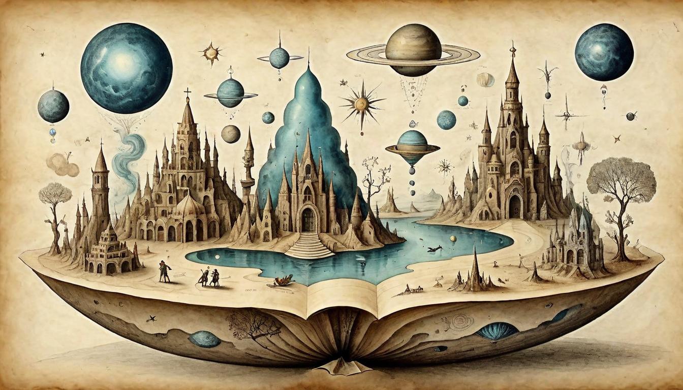  on parchment, surrealism+++, Miniature worlds floating in space, each encapsulating a different aspect of life's journey, cosmic significance of personal transformations, universe within, macrocosm of experiences(mysterious, provocative, symbolic,muted color)+++