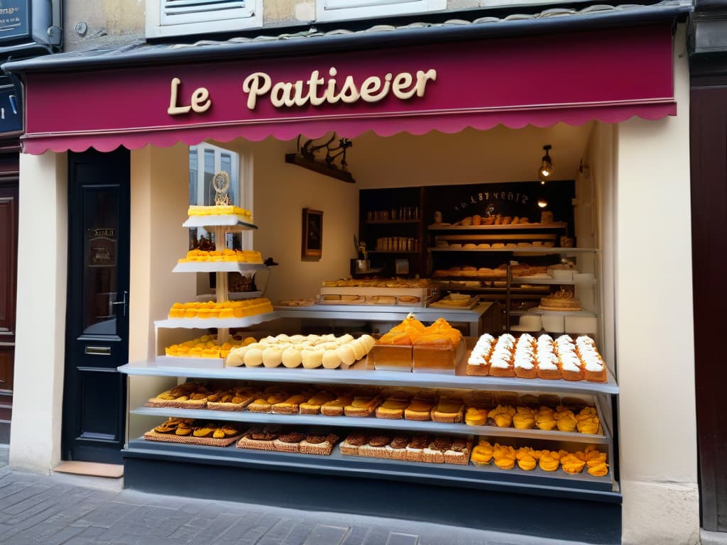  A photorealistic image of a serene and picturesque French countryside bakery at dawn, with soft golden sunlight filtering through the mist, highlighting a display of exquisitely decorated pastries and cakes in the window. The scene captures the essence of artisanal craftsmanship and the tranquility of early morning baking, with a rustic wooden sign above the entrance that reads "Le Pâtissier Maître" in elegant script. The intricate details of the pastries, from delicate sugar flowers to glossy fruit glazes, are rendered with stunning realism, inviting viewers to step into a world of culinary artistry and mastery. hyperrealistic, full body, detailed clothing, highly detailed, cinematic lighting, stunningly beautiful, intricate, sharp focus, f/1. 8, 85mm, (centered image composition), (professionally color graded), ((bright soft diffused light)), volumetric fog, trending on instagram, trending on tumblr, HDR 4K, 8K