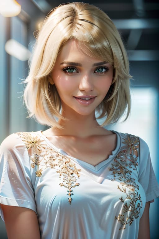  1girl,1girl,blonde short hair,straight hair,upper body shot,shirt,smile hyperrealistic, full body, detailed clothing, highly detailed, cinematic lighting, stunningly beautiful, intricate, sharp focus, f/1. 8, 85mm, (centered image composition), (professionally color graded), ((bright soft diffused light)), volumetric fog, trending on instagram, trending on tumblr, HDR 4K, 8K