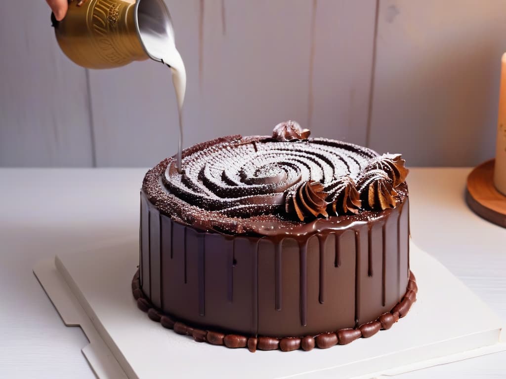  A closeup, photorealistic image of a decadent multilayered chocolate cake being assembled through augmented reality, showcasing intricate details like smooth ganache being poured over the top layer, delicate chocolate curls adorning the sides, and a dusting of cocoa powder creating a stunning finishing touch. The background is blurred, emphasizing the precise and professional technique being used to create this visually stunning dessert. hyperrealistic, full body, detailed clothing, highly detailed, cinematic lighting, stunningly beautiful, intricate, sharp focus, f/1. 8, 85mm, (centered image composition), (professionally color graded), ((bright soft diffused light)), volumetric fog, trending on instagram, trending on tumblr, HDR 4K, 8K