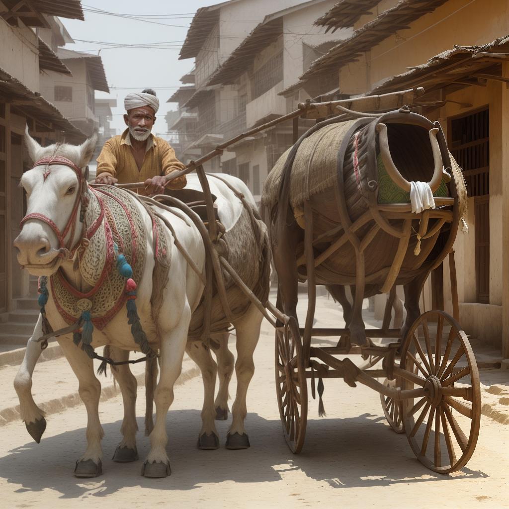  a man coming on ox cart from the street of an Indian village