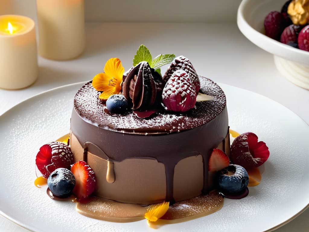  A closeup, ultradetailed image of a meticulously crafted dessert with layers of delicate pastry, rich chocolate ganache, and vibrant berry compote elegantly stacked on a pristine white plate. The dessert is garnished with edible flowers and gold leaf, showcasing a perfect balance of flavors and textures. The soft lighting highlights the intricate details, inviting viewers to appreciate the artistry and creativity in pastry making. hyperrealistic, full body, detailed clothing, highly detailed, cinematic lighting, stunningly beautiful, intricate, sharp focus, f/1. 8, 85mm, (centered image composition), (professionally color graded), ((bright soft diffused light)), volumetric fog, trending on instagram, trending on tumblr, HDR 4K, 8K