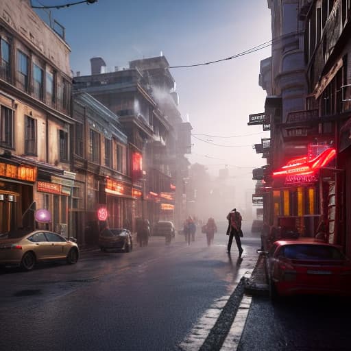 redshift style ropot city hyperrealistic, full body, detailed clothing, highly detailed, cinematic lighting, stunningly beautiful, intricate, sharp focus, f/1. 8, 85mm, (centered image composition), (professionally color graded), ((bright soft diffused light)), volumetric fog, trending on instagram, trending on tumblr, HDR 4K, 8K