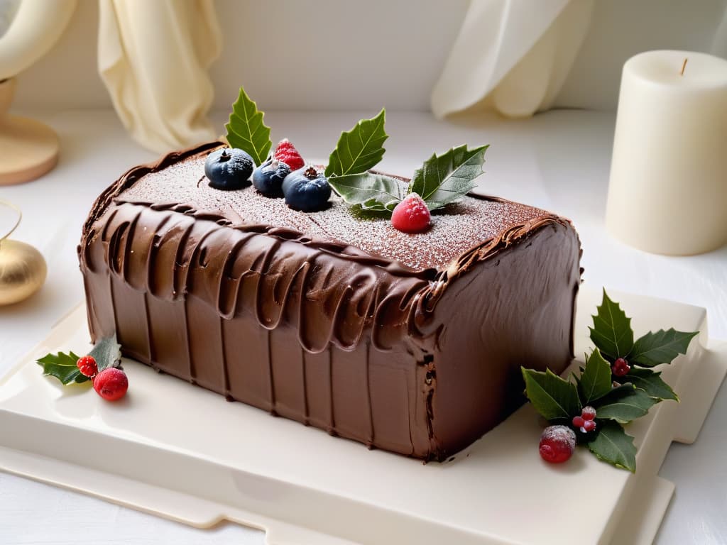  A closeup, ultradetailed image of a beautifully decorated Yule log cake, showcasing intricate chocolate bark texture and delicate holly leaves and berries made of marzipan. The cake is elegantly presented on a simple, white porcelain platter, with soft natural lighting casting gentle shadows, highlighting the craftsmanship and artistry of the dessert. hyperrealistic, full body, detailed clothing, highly detailed, cinematic lighting, stunningly beautiful, intricate, sharp focus, f/1. 8, 85mm, (centered image composition), (professionally color graded), ((bright soft diffused light)), volumetric fog, trending on instagram, trending on tumblr, HDR 4K, 8K