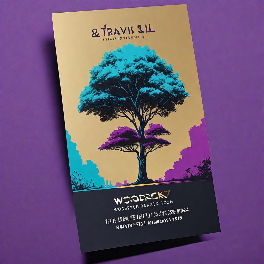  A graffiti-style business card for 'Travis Harris'. The text appears as though it was spray-painted on a wall, featuring a bold and vibrant color palette with midnight purple, neon turquoise, and gold. The company name 'Woodstock Tree & Gravel' is prominently displayed. Visual elements include the tree of life and a bucket truck. The details on the card should include: Name 'Travis Harris', Address '16 Quail Ridge RD, Ponca City, OK, 74604', and Phone number '1(580)826-8097'. The overall style should be urban, vibrant, artistic, and eye-catching. hyperrealistic, full body, detailed clothing, highly detailed, cinematic lighting, stunningly beautiful, intricate, sharp focus, f/1. 8, 85mm, (centered image composition), (professionally color graded), ((bright soft diffused light)), volumetric fog, trending on instagram, trending on tumblr, HDR 4K, 8K