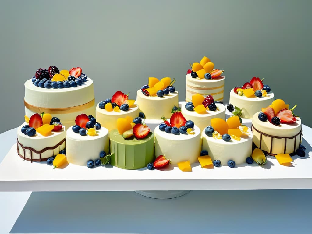  An elegantly arranged dessert table featuring a variety of beautifully presented pastries and cakes, each delicately garnished with fresh fruits and edible flowers. The table is set against a clean, white backdrop, emphasizing the vibrant colors and intricate details of the desserts. The soft, natural lighting casts a gentle glow over the scene, creating a serene and inviting ambiance that perfectly captures the essence of a brand focused on highquality, artisanal sweet treats. hyperrealistic, full body, detailed clothing, highly detailed, cinematic lighting, stunningly beautiful, intricate, sharp focus, f/1. 8, 85mm, (centered image composition), (professionally color graded), ((bright soft diffused light)), volumetric fog, trending on instagram, trending on tumblr, HDR 4K, 8K