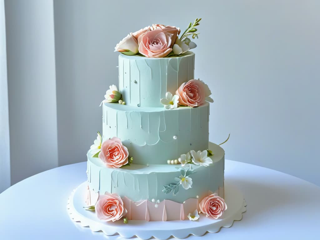  A beautifully crafted and intricately detailed 8k ultradetailed image of a stunning threetiered wedding cake, adorned with delicate sugar flowers in pastel hues of blush pink, ivory, and soft lavender. Each petal and leaf is meticulously crafted to perfection, showcasing the artistry and skill that goes into creating such a masterpiece. The soft lighting captures the delicate textures and intricate details of the cake, making it a truly mesmerizing and visually captivating focal point. hyperrealistic, full body, detailed clothing, highly detailed, cinematic lighting, stunningly beautiful, intricate, sharp focus, f/1. 8, 85mm, (centered image composition), (professionally color graded), ((bright soft diffused light)), volumetric fog, trending on instagram, trending on tumblr, HDR 4K, 8K