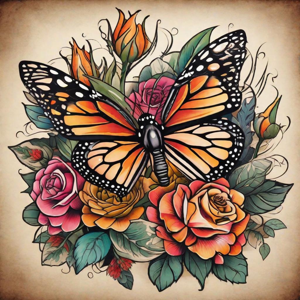  masterpiece, best quality, Tattoo with floral elements including bright, colorful roses and either aloe Vera plant or agave plant and a monarch butterfly