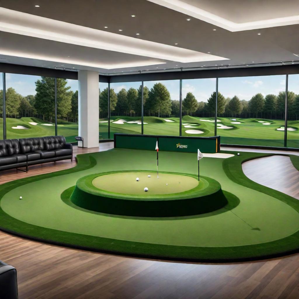  An artist rendition of a 6-hole stadium golf driving range with the edges banked around and each of the 6 greens designed to look like actual golf greens. The design should showcase the unique layout of the range and the realistic appearance of the greens. hyperrealistic, full body, detailed clothing, highly detailed, cinematic lighting, stunningly beautiful, intricate, sharp focus, f/1. 8, 85mm, (centered image composition), (professionally color graded), ((bright soft diffused light)), volumetric fog, trending on instagram, trending on tumblr, HDR 4K, 8K