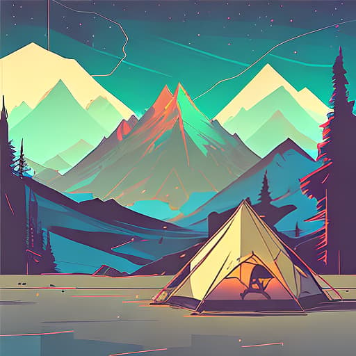 nvinkpunk Whimsical mountains with trees, and camping tent