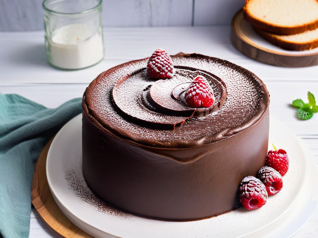  A closeup, ultradetailed image of a freshly baked almond flour chocolate cake, topped with a delicate dusting of cocoa powder and garnished with vibrant red raspberries and a sprig of fresh mint, all set on a sleek, modern white plate against a soft, blurred background. The cake's moist texture, rich chocolaty color, and glossy sheen are prominently displayed, inviting the viewer to appreciate the intricate details of this delicious glutenfree dessert. hyperrealistic, full body, detailed clothing, highly detailed, cinematic lighting, stunningly beautiful, intricate, sharp focus, f/1. 8, 85mm, (centered image composition), (professionally color graded), ((bright soft diffused light)), volumetric fog, trending on instagram, trending on tumblr, HDR 4K, 8K