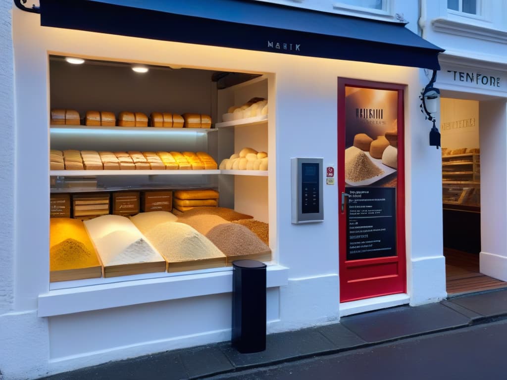  An ultradetailed image of a sleek, modern bakery storefront showcasing a variety of alternative flour products displayed in minimalist packaging with bold, eyecatching branding. The storefront is bustling with customers, both young and old, eagerly selecting their favorite flour alternatives like almond, coconut, and quinoa flour. The scene exudes a sense of innovation, healthconsciousness, and success in the alternative flour industry. hyperrealistic, full body, detailed clothing, highly detailed, cinematic lighting, stunningly beautiful, intricate, sharp focus, f/1. 8, 85mm, (centered image composition), (professionally color graded), ((bright soft diffused light)), volumetric fog, trending on instagram, trending on tumblr, HDR 4K, 8K