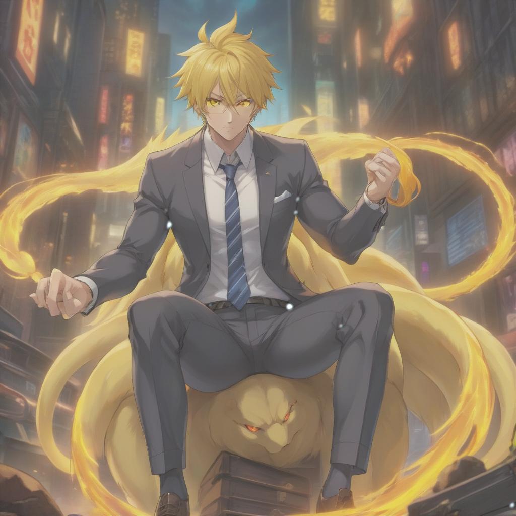  anime artwork A man in a suit, yellow eyes, a demonic tail. Looks like a human. Sits. Full grown. Muscular. . anime style, key visual, vibrant, studio anime, highly detailed hyperrealistic, full body, detailed clothing, highly detailed, cinematic lighting, stunningly beautiful, intricate, sharp focus, f/1. 8, 85mm, (centered image composition), (professionally color graded), ((bright soft diffused light)), volumetric fog, trending on instagram, trending on tumblr, HDR 4K, 8K