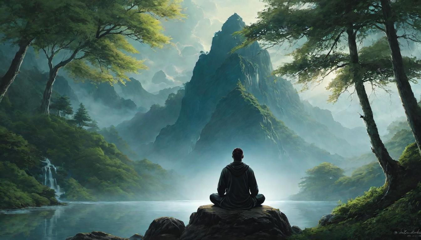  （surrealism)A person seated in a meditative pose, slight glow around body, peaceful woodland backdrop, serene, focused, aura of strength mystic, intricate details, best quality)