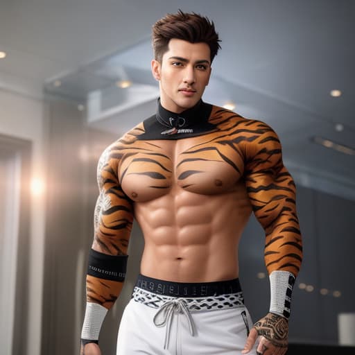  The man half man half tiger hyperrealistic, full body, detailed clothing, highly detailed, cinematic lighting, stunningly beautiful, intricate, sharp focus, f/1. 8, 85mm, (centered image composition), (professionally color graded), ((bright soft diffused light)), volumetric fog, trending on instagram, trending on tumblr, HDR 4K, 8K