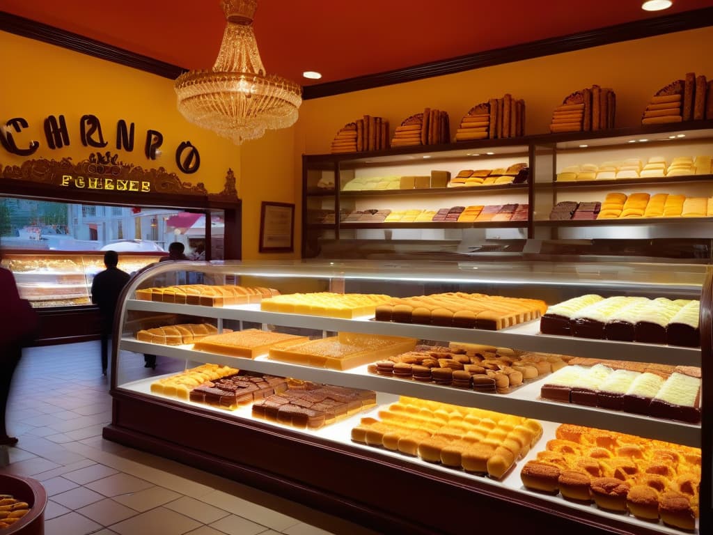  An ultradetailed photorealistic image of a traditional Spanish pastry shop bustling with customers, showcasing a wide array of colorful and intricately decorated desserts like churros, flan, turron, and pastel de nata displayed in elegant glass cases. The shop's interior exudes a cozy yet sophisticated ambiance with warm lighting, ornate tiles, and traditional Spanish decor, inviting viewers to immerse themselves in the enchanting world of Spanish confectionery. hyperrealistic, full body, detailed clothing, highly detailed, cinematic lighting, stunningly beautiful, intricate, sharp focus, f/1. 8, 85mm, (centered image composition), (professionally color graded), ((bright soft diffused light)), volumetric fog, trending on instagram, trending on tumblr, HDR 4K, 8K