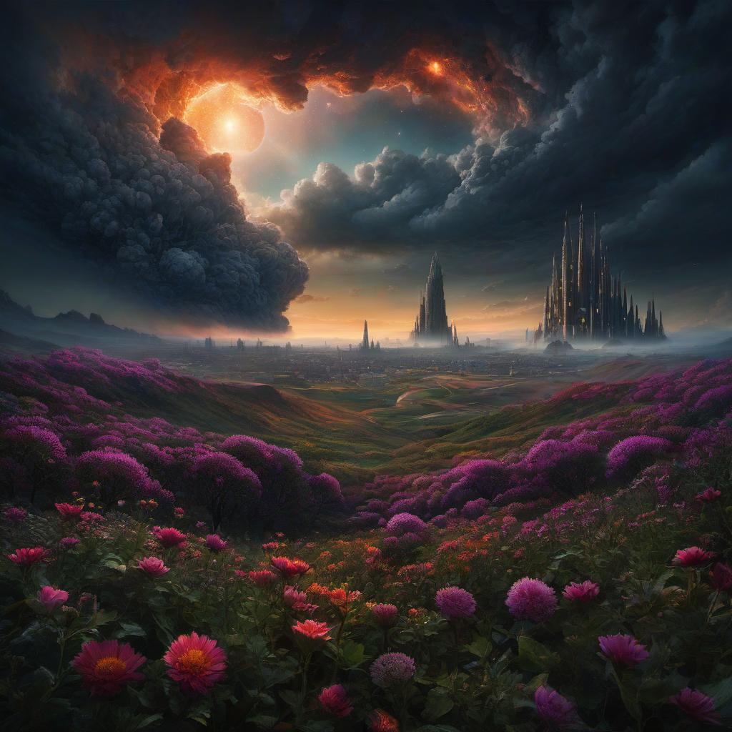  (stylized by Tomasz Alen Kopera:1.3) , dark art, dense flower field and Perseid meteor in background, landscape of a (Barcelona:1.2) , very Bizarre and 1600'S, Hurricane, Glitchcore, Amaro, layered textures, ornate, intricate artistic color, complimentary colors, very inspirational, atmosphere, fine artistic composition, sunny, theatrical hyperrealistic, full body, detailed clothing, highly detailed, cinematic lighting, stunningly beautiful, intricate, sharp focus, f/1. 8, 85mm, (centered image composition), (professionally color graded), ((bright soft diffused light)), volumetric fog, trending on instagram, trending on tumblr, HDR 4K, 8K