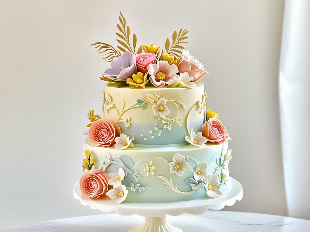  An ultradetailed image of a beautifully decorated and intricately designed wedding cake, showcasing delicate fondant flowers in various pastel colors, meticulously piped lace patterns, and shimmering edible gold accents. The cake is displayed on a sleek, white marble cake stand, set against a soft, blurred background to emphasize its exquisite details and elegant simplicity. hyperrealistic, full body, detailed clothing, highly detailed, cinematic lighting, stunningly beautiful, intricate, sharp focus, f/1. 8, 85mm, (centered image composition), (professionally color graded), ((bright soft diffused light)), volumetric fog, trending on instagram, trending on tumblr, HDR 4K, 8K