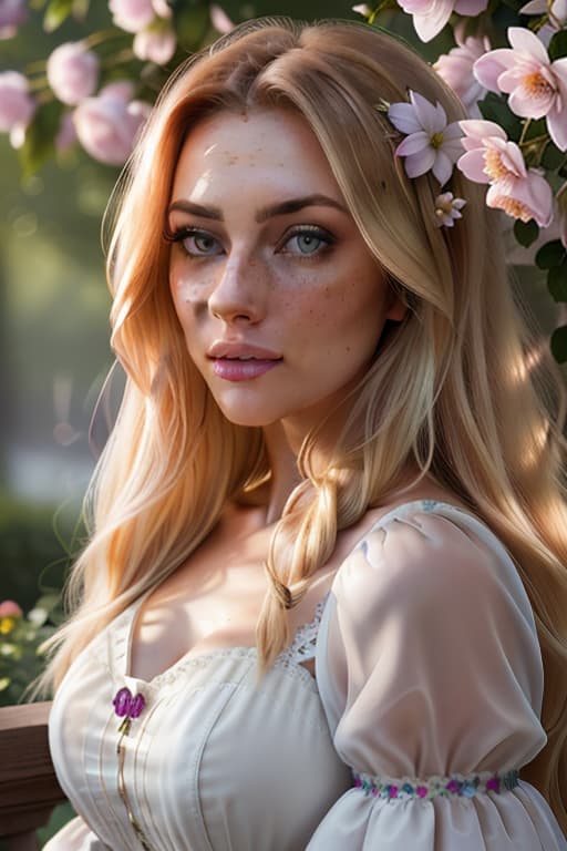  detailed and realistic portrait of a rapunzel maid with a few freckles, long blonde disheveled hairs, multicolor mesmerizing eyes, dark fluffy dress, soft natural lighting, portrait photography, magical photography, dramatic lighting, photo realism, ultra detailed, intimate portrait composition, flowers in background, Leica 50mm, f1. 4 hyperrealistic, full body, detailed clothing, highly detailed, cinematic lighting, stunningly beautiful, intricate, sharp focus, f/1. 8, 85mm, (centered image composition), (professionally color graded), ((bright soft diffused light)), volumetric fog, trending on instagram, trending on tumblr, HDR 4K, 8K