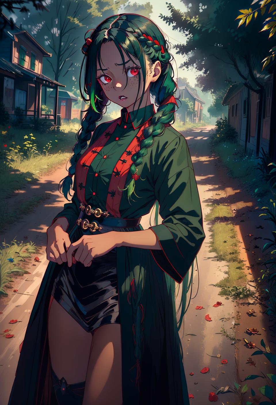  ((trending, highres, masterpiece, cinematic shot)), 1girl, young, female sorcerer outfit, country scene, very long messy dark green hair, hair in braids, large red eyes, evil personality, surprised expression, freckles, very dark skin, morbid, observant