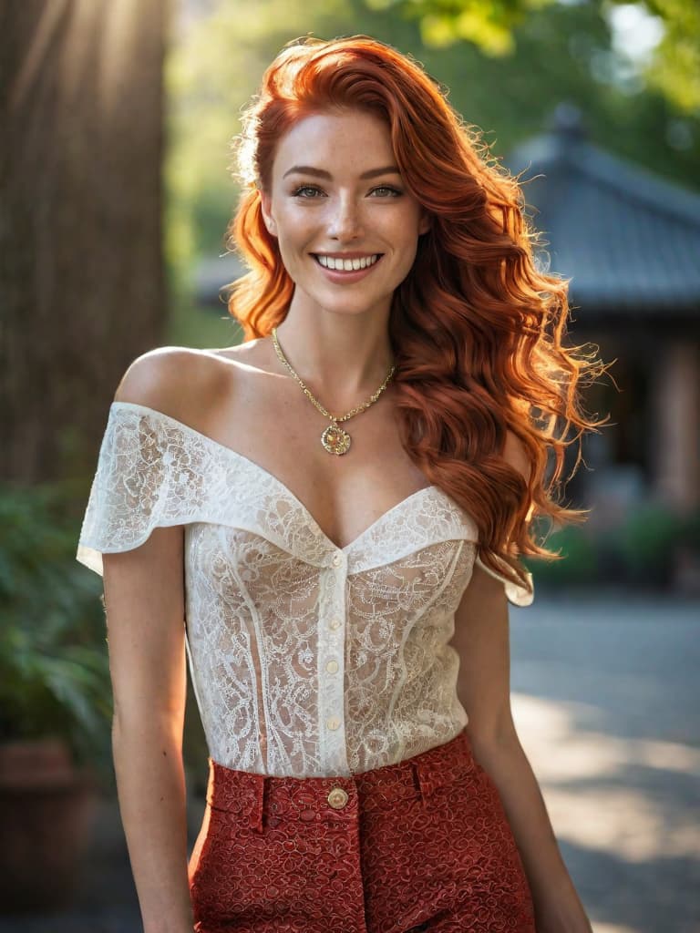  (masterpiece, best quality), 1girl, collarbone, wavy hair, looking at viewer, blurry foreground, upper body, necklace, contemporary, plain pants, ((intricate, print, pattern)), ponytail, freckles, red hair, dappled sunlight, smile, happy, hyperrealistic, full body, detailed clothing, highly detailed, cinematic lighting, stunningly beautiful, intricate, sharp focus, f/1. 8, 85mm, (centered image composition), (professionally color graded), ((bright soft diffused light)), volumetric fog, trending on instagram, trending on tumblr, HDR 4K, 8K