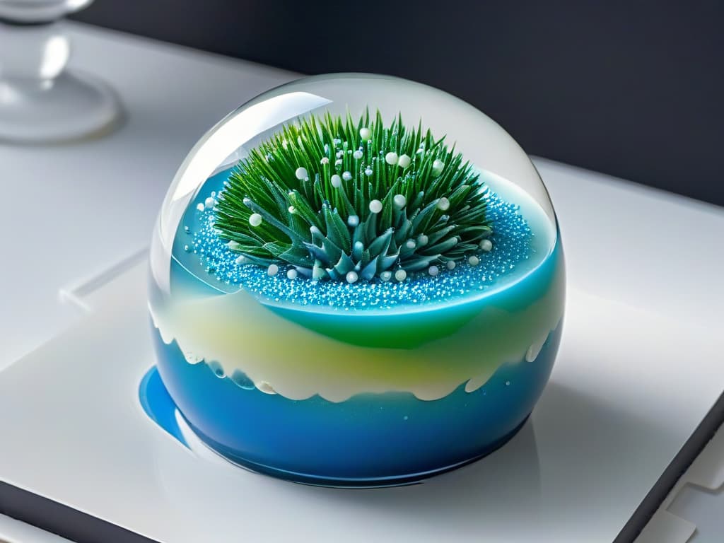  An ultradetailed closeup image of a perfectly spherical transparent gel sphere filled with tiny, colorful edible pearls, resting on a sleek, black matte surface. The pearls inside the sphere are vibrant shades of blue, green, and pink, creating a mesmerizing and visually striking display that showcases the artistry and precision of molecular gastronomy techniques. Every pearl is perfectly spherical and glistens under the light, emphasizing the meticulous attention to detail required in the world of molecular pastry. hyperrealistic, full body, detailed clothing, highly detailed, cinematic lighting, stunningly beautiful, intricate, sharp focus, f/1. 8, 85mm, (centered image composition), (professionally color graded), ((bright soft diffused light)), volumetric fog, trending on instagram, trending on tumblr, HDR 4K, 8K