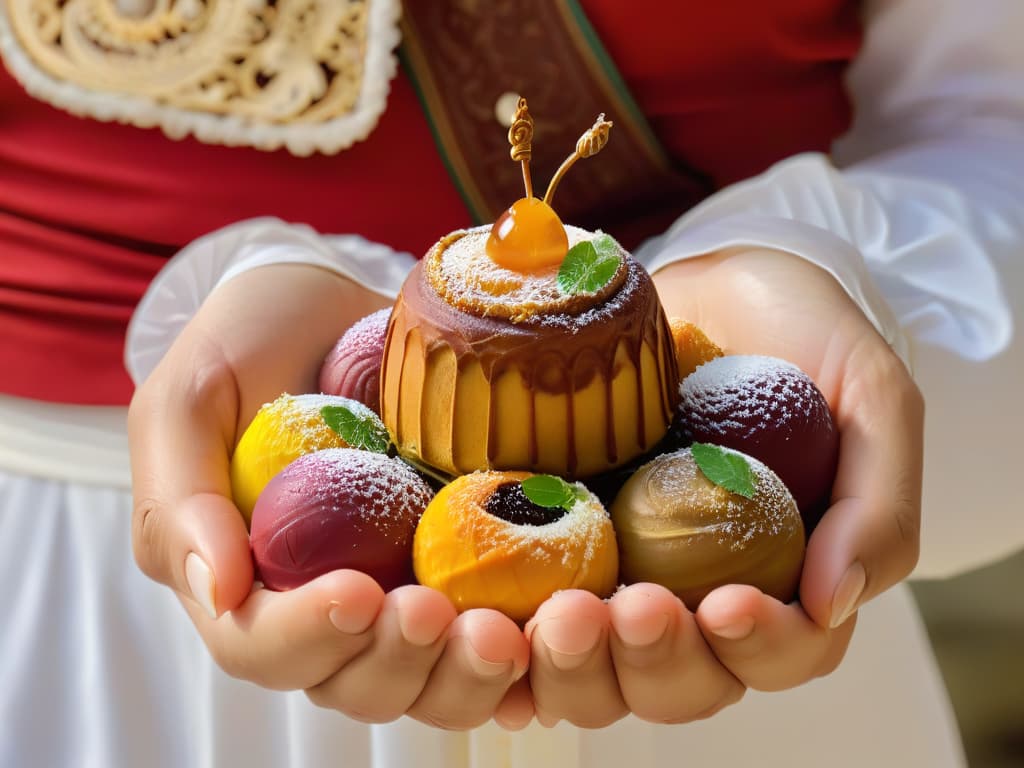  An intricately designed henna pattern on a hand holding a vibrant, multicolored Indian sweet delicacy, such as a gulab jamun, set against a simple, clean white background, showcasing the intricate details of the design and the rich colors of the dessert. hyperrealistic, full body, detailed clothing, highly detailed, cinematic lighting, stunningly beautiful, intricate, sharp focus, f/1. 8, 85mm, (centered image composition), (professionally color graded), ((bright soft diffused light)), volumetric fog, trending on instagram, trending on tumblr, HDR 4K, 8K