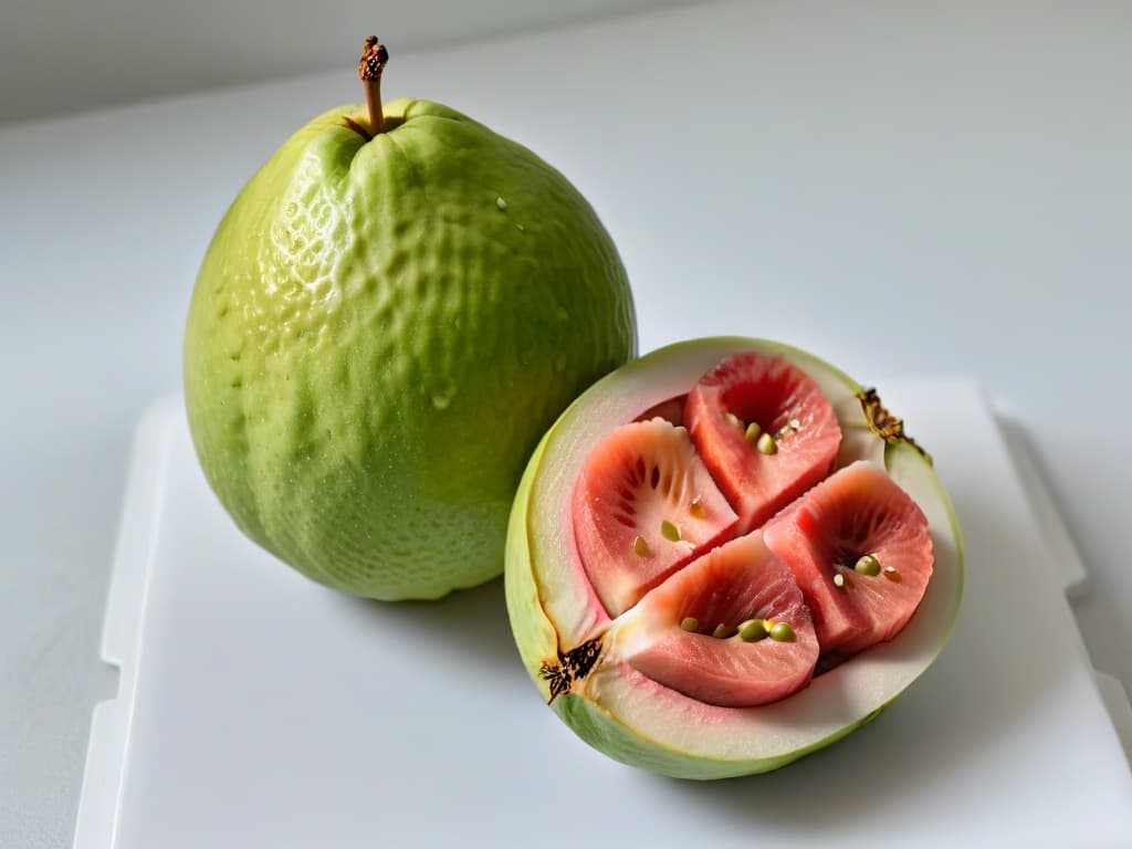  An ultradetailed image of a perfectly sliced guava fruit, showcasing its vibrant pink flesh dotted with tiny seeds, set against a simple, elegant white background. The focus is on the intricate details of the guava's texture and color, highlighting its freshness and exotic appeal. hyperrealistic, full body, detailed clothing, highly detailed, cinematic lighting, stunningly beautiful, intricate, sharp focus, f/1. 8, 85mm, (centered image composition), (professionally color graded), ((bright soft diffused light)), volumetric fog, trending on instagram, trending on tumblr, HDR 4K, 8K