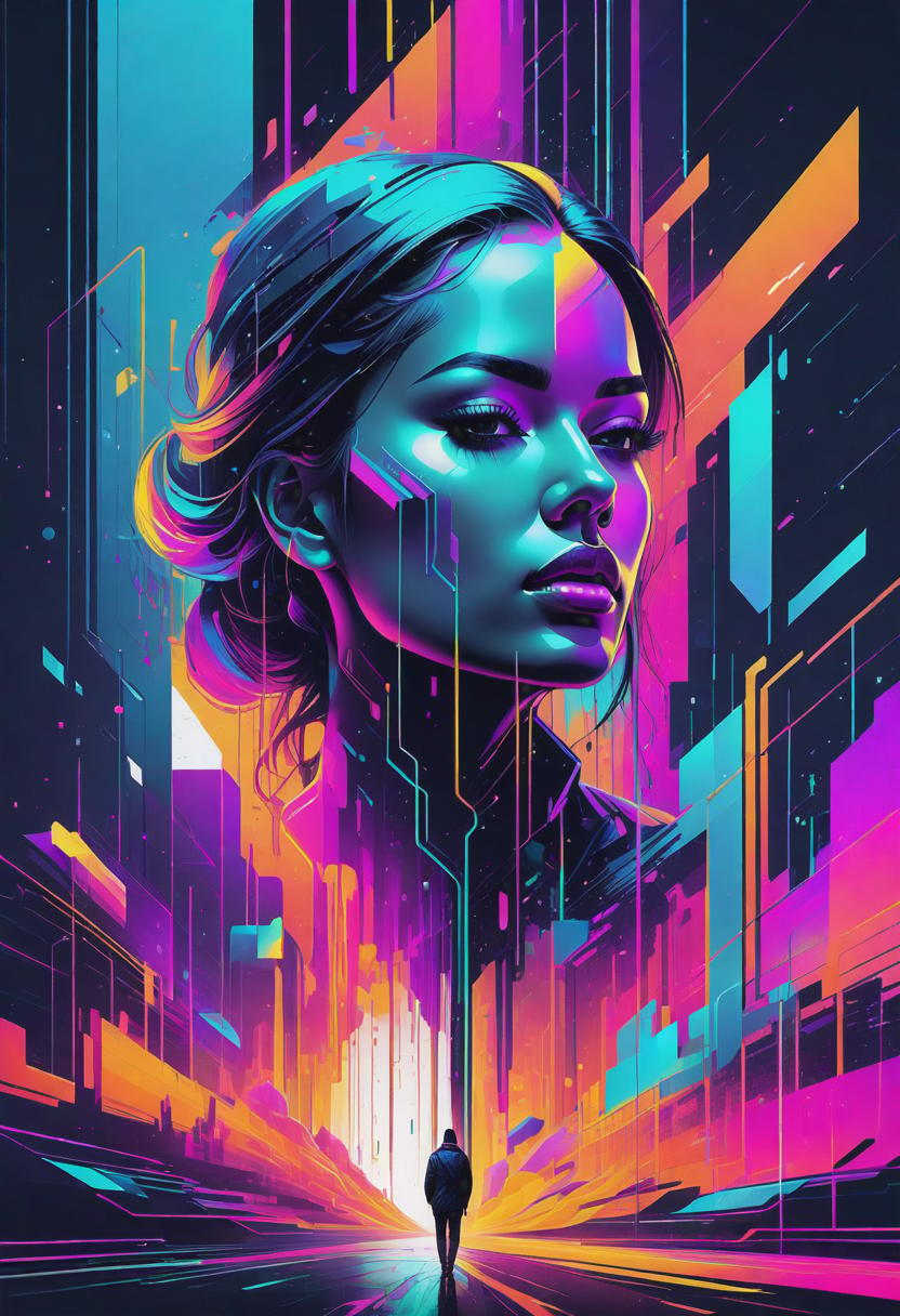  1. An abstract digital landscape, with vibrant neon colors dripping and blending into each other, creating a sense of fluidity and movement. The style should emphasize sharp and angular shapes, giving the artwork a futuristic and dynamic feel. 

2. A glitchy portrait of a person, where their face is distorted and fragmented with pixelated patterns, representing the digital age and the concept of identity in the online world. The style should incorporate glitch art elements, with distorted lines and vibrant, contrasting colors.

3. A surreal cityscape filled with towering skyscrapers, glowing with an otherworldly energy. The buildings should have a sleek and futuristic design, with sharp edges and reflective surfaces, perfectly capturing the hyperrealistic, full body, detailed clothing, highly detailed, cinematic lighting, stunningly beautiful, intricate, sharp focus, f/1. 8, 85mm, (centered image composition), (professionally color graded), ((bright soft diffused light)), volumetric fog, trending on instagram, trending on tumblr, HDR 4K, 8K