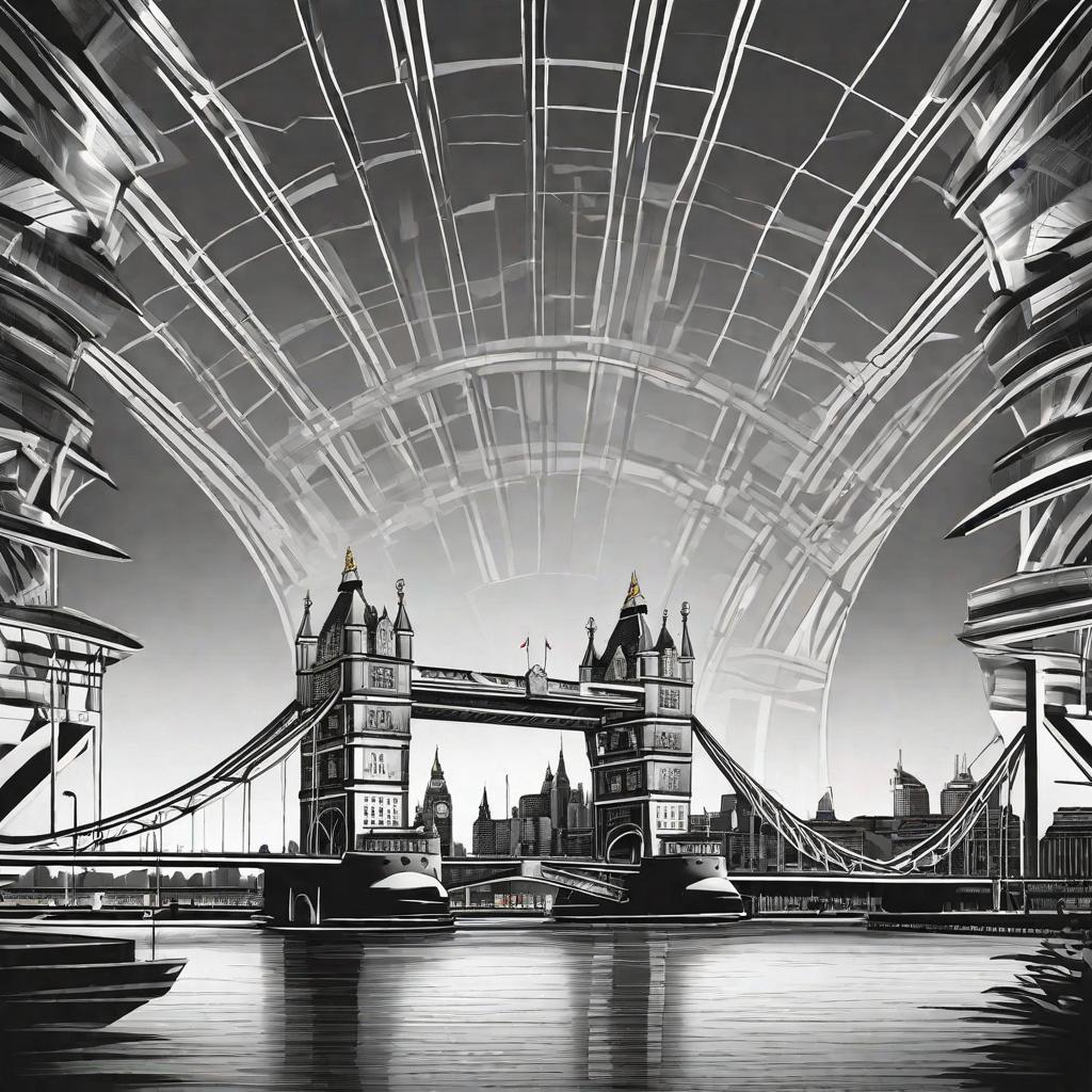  masterpiece, best quality, A striking black and white logo of the iconic Tower Bridge against a backdrop of the London skyline. The bridge is depicted in a detailed and realistic style, showcasing its intricate architecture, while the skyline captures the essence of the city with recognizable landmarks such as the Big Ben and the London Eye. The overall atmosphere is sophisticated and elegant, reflecting the grandeur of London. The logo is rendered in a modern and sleek style, with clean lines and smooth gradients, giving it a polished and professional look. The realization of this logo could be achieved through a combination of digital illustration and 3D rendering techniques, ensuring a high level of detail and realism.