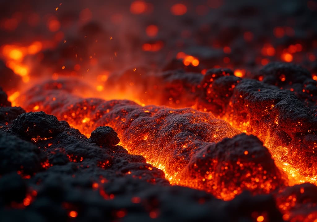  good quality, high quality, a close up view of flowing lava, showcasing the intense heat and texture of molten rock