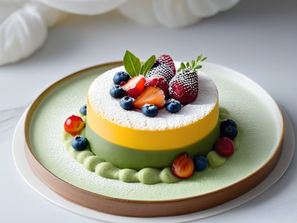  A minimalist, 8k ultradetailed image of a beautifully plated dessert that combines elements from different global cuisines, showcasing intricate layers and textures with vibrant colors. The dessert should be elegantly presented on a simple, white porcelain plate, emphasizing the fusion of flavors and techniques in a visually striking yet understated way. hyperrealistic, full body, detailed clothing, highly detailed, cinematic lighting, stunningly beautiful, intricate, sharp focus, f/1. 8, 85mm, (centered image composition), (professionally color graded), ((bright soft diffused light)), volumetric fog, trending on instagram, trending on tumblr, HDR 4K, 8K