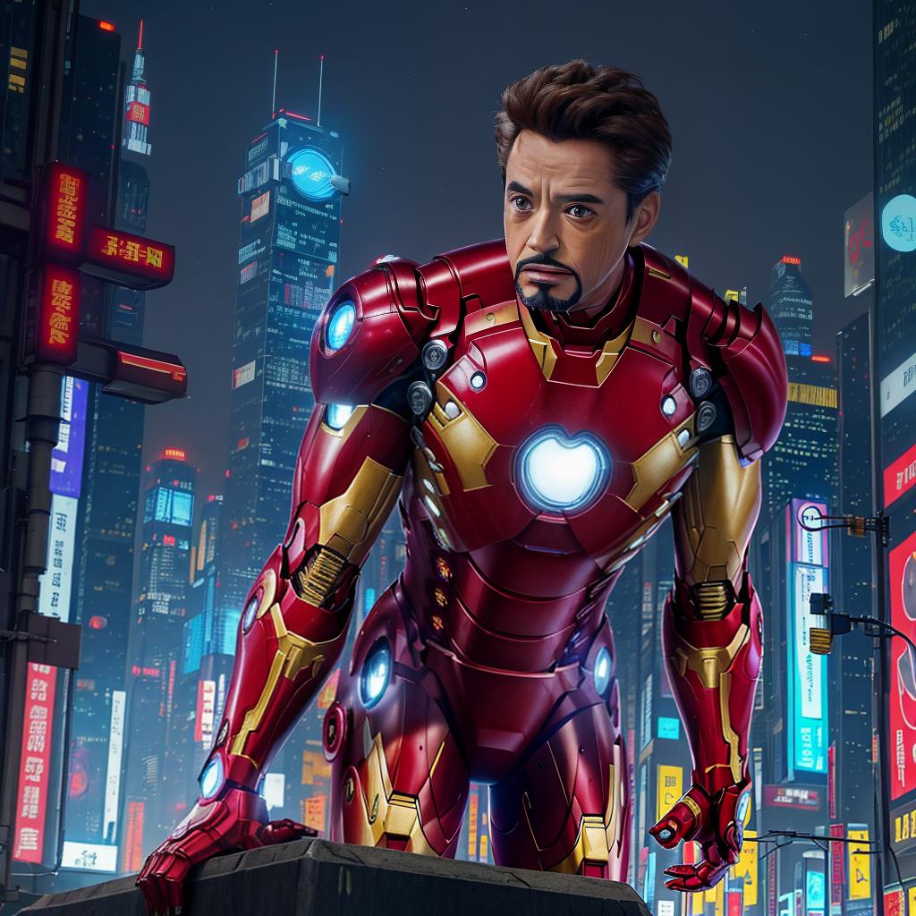  masterpiece, best quality, masterpiece, 8k resolution, realistic, highly detailed, Iron Man close-up. He stands on a street lined with tall buildings in a cyberpunk style city at night. The city's night lights are bright, and the surrounding buildings and streets are full of cyberpunk elements such as neon lights, high-tech equipment and futuristic architectural design.