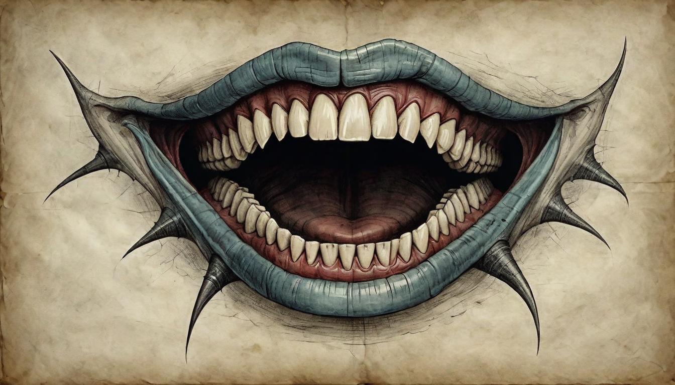  on parchment, surrealism+++, Close up of a mouth with sharp, irregular teeth, teeth shifting and morphing, disturbing, surreal(mysterious, provocative, symbolic,muted color)+++