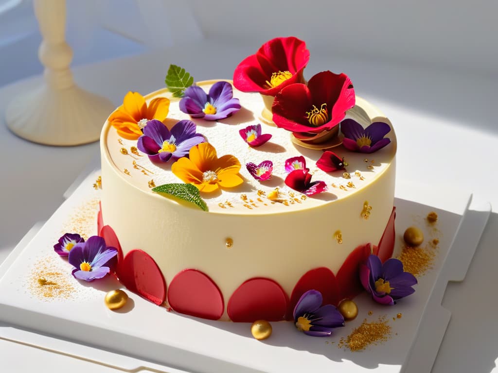  An ultradetailed closeup image of a delicate, intricately designed pastry featuring vibrant edible flowers and gold leaf accents, showcasing the precision and artistry of modern pastry techniques. The pastry is set on a sleek, minimalist white plate, emphasizing the elegance and sophistication of the dessert. The image captures every minute detail, from the shimmering gold flakes to the intricate petal designs, inviting the viewer to appreciate the beauty and craftsmanship of contemporary pastry artistry. hyperrealistic, full body, detailed clothing, highly detailed, cinematic lighting, stunningly beautiful, intricate, sharp focus, f/1. 8, 85mm, (centered image composition), (professionally color graded), ((bright soft diffused light)), volumetric fog, trending on instagram, trending on tumblr, HDR 4K, 8K