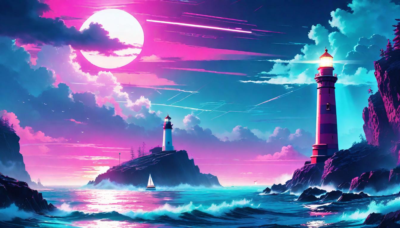  vaporwave,cyberpunk game style A lighthouse standing firm on a rocky coast, its beam cutting through the fog, guiding a solitary sailboat towards safe harbor, the sea represents life's turbulent emotions, the light embodies spiritual guidance and hope, beacon of faith, guidance through uncertainty, safety in solitudeeon, dystopian, futuristic, digital, vibrant, detailed, high contrast, reminiscent of cyberpunk genre video games,retro aesthetic, cyberpunk, vibrant, neon colors, vintage 80s and 90s style, highly detailed