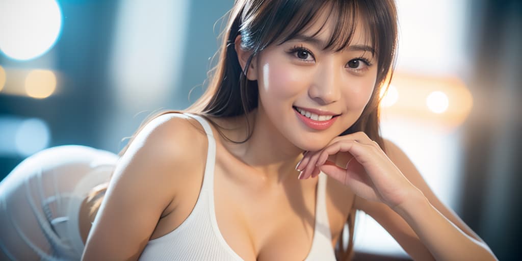  a young woman, huge breasts, smile, sleeveless light blue shirt, white flare skirt, bangs, symmetrical large eyes, looking at viewer, upper body, blurry background hyperrealistic, full body, detailed clothing, highly detailed, cinematic lighting, stunningly beautiful, intricate, sharp focus, f/1. 8, 85mm, (centered image composition), (professionally color graded), ((bright soft diffused light)), volumetric fog, trending on instagram, trending on tumblr, HDR 4K, 8K