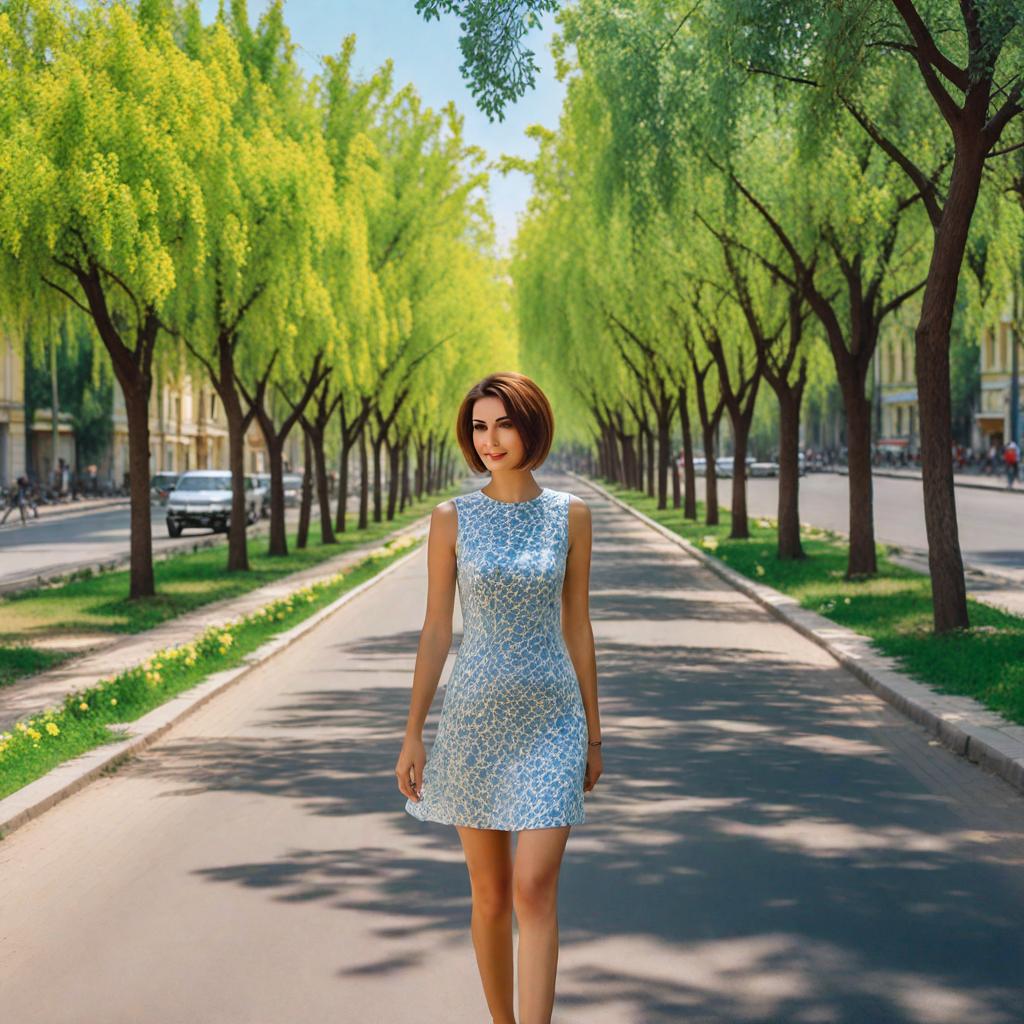  analog photo of (Odessa city:1.3) street full of blooming (tall acacia trees:1.2), in front of camera walking (full body height:1.2) young woman in (knee length dress:1.3), (very short haircut:1.3), brown hair, brown eyes, morning sun, 4k, highly detailed photo, sharp photo, high quality photo hyperrealistic, full body, detailed clothing, highly detailed, cinematic lighting, stunningly beautiful, intricate, sharp focus, f/1. 8, 85mm, (centered image composition), (professionally color graded), ((bright soft diffused light)), volumetric fog, trending on instagram, trending on tumblr, HDR 4K, 8K.